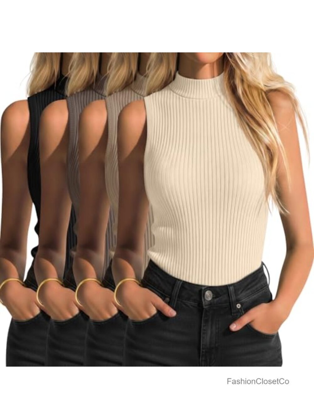 Women's Sleeveless Mock Neck Tank Tops 4 Pack Ribbed Knit